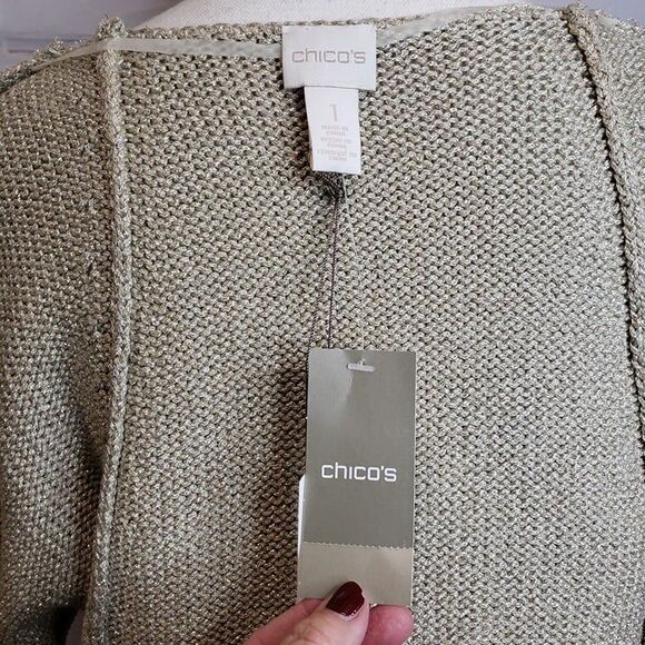 Beautiful NEW Chicos Gold Metallic Knit Short Sleeve Sweater womens 1 M Holiday - Picture 6 of 10
